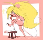 anthro blonde_hair blood blush bodily_fluids breasts clothing female hair long_hair panties shaving shaving_fur solo tail tan_body tan_skin thin_tail underwear superfrenzyhare gone_feral_(fizzlefroth) abigail_prim mammal mouse murid murine rodent 2024