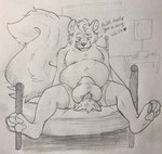 ambiguous_gender anthro ball_sniffing balls bed bedroom_eyes belly big_bulge big_tail blush bulge bulge_in_face cheek_tuft clothed clothing crotch_sniffing dialogue dominant dominant_male duo eyebrows facesitting facesitting_in_underwear facial_tuft feet fisheye_lens fluffy fluffy_tail furniture genitals head_tuft heart_symbol hindpaw huge_tail inside larger_male licking licking_lips looking_down male male/ambiguous musk narrowed_eyes on_bed overweight overweight_male pawpads paws seductive sitting sitting_on_another sitting_on_bed size_difference sniffing sniffing_clothes sniffing_request spread_legs spreading tail talking_to_another text tongue tongue_out topless tuft underwear underwear_only underwear_sniffing herbalyeen toker_(herbalyeen) canid canine fox mammal mephitid skunk black_and_white english_text graphite_(artwork) greyscale hi_res monochrome traditional_media_(artwork)