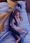 after_sex anthro bed bed_sheet bedding bedframe bedroom blue_body blue_eyes blush brown_hair clothed clothing cuddling dress duo eyes_closed female female_on_anthro fin furniture hair half-closed_eyes heart_symbol hug human_on_anthro interspecies larger_anthro larger_male long_hair long_tail lying male male/female male_on_human narrowed_eyes night partially_clothed pillow pokephilia size_difference skinny sleeping slim smile spooning tail tail_on_leg tail_wrapping thin_calves thin_legs thin_thighs wrapped_tail donutella nintendo pokemon jasmin_(donutella) rene_(donutella) generation_8_pokemon human inteleon lizard mammal pokemon_(species) reptile scalie absurd_res hi_res