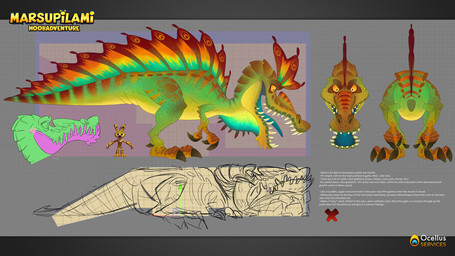 3_fingers 3_toes 4_toes a-pose ambiguous_gender anthro bent_arm bent_leg black_claws black_eyes black_nose black_spots blue_gums blue_tongue brown_spots claws company_name dorsal_frill duo facial_markings featureless_crotch feet feral finger_claws fingers frill_(anatomy) front_view fur geometric_background green_body green_scales green_teeth grey_background grid_background gums head_crest head_frill head_markings larger_male leaning leaning_forward long_tail long_teeth looking_at_viewer lying male male_anthro markings mouth_closed multicolored_body multicolored_eyes multicolored_frill multicolored_fur multicolored_scales multicolored_tail nude nude_ambiguous nude_anthro nude_male on_front open_mouth open_smile orange_markings pattern_background pupils purple_teeth red_markings scale_markings scales sharp_teeth side_view simple_background size_difference slit_pupils smile spots spotted_body spotted_ears spotted_fur spotted_scales standing straight_arms straight_legs tail tail_markings tan_teeth tan_tongue teal_body teal_frill teal_scales teeth text title toe_claws toes tongue tongue_out x_eyes yellow_body yellow_eyes yellow_fur yellow_scales antonin_jury nestor_tazzioli marsupilami:_hoobadventure marsupilami_(series) bibu_(marsupilami) chaser_(marsupilami) dinosaur mammal marsupilami prehistoric_species reptile scalie 16:9 2022 3d_(artwork) adobe_photoshop_(artwork) colored concept_art digital_drawing_(artwork) digital_media_(artwork) english_description english_text hi_res model_sheet official_art widescreen