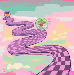 abstract_background ambiguous_anthro ambiguous_gender anthro ball bottomless bottomless_ambiguous bottomless_anthro brown_body checkered clothed clothing motion_lines party_ball rear_view red_clothing red_shirt red_topwear shirt solo tail tan_body topwear corndog-patrol sega super_monkey_ball aiai haplorhine mammal monkey primate hi_res male_(lore)