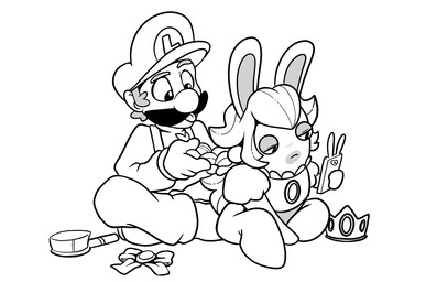 4_fingers accessory anthro bent_legs big_nose black_eyes black_facial_hair black_mustache bottomless bottomless_anthro bottomless_female bow_ribbon braided_hair braiding_hair brush cellphone clothed clothed_human clothed_male clothing crossed_legs crown duo electronics eyebrows facial_hair female female_anthro fingers footwear fully_clothed fully_clothed_human fully_clothed_male gloves grey_body grey_eyebrows grey_eyelids grey_hair grey_inner_ear grey_skin hair hair_accessory hair_bow hair_ribbon hairbrush half-closed_eyes handwear hat headgear headwear holding_cellphone holding_object holding_phone larger_human larger_male long_ears long_hair looking_at_cellphone looking_at_object looking_at_phone male male_human mitten_hands mustache narrowed_eyes no_eyebrows noseless overalls personal_grooming phone ribbons shoes simple_background sitting size_difference smaller_anthro smaller_female styling_hair tongue tongue_out white_background white_body white_clothing white_footwear white_hair white_shoes white_skin raygirl mario_bros mario_plus_rabbids_kingdom_battle nintendo raving_rabbids rayman_(series) ubisoft luigi rabbid_peach human lagomorph mammal rabbid 2023 crossover digital_drawing_(artwork) digital_media_(artwork) english_description greyscale monochrome