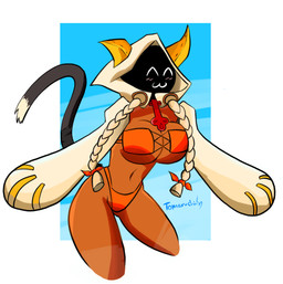 :3 big_breasts bikini biped blush blush_lines breasts brown_body brown_skin cleavage clothed clothed_female clothed_humanoid clothing dark_body dark_skin dipstick_tail eyes_closed fake_ears female female_humanoid grey_tail hood_up hoodie markings orange_bikini orange_clothing orange_swimwear solo standing swimwear tail tail_markings topwear two-piece_swimsuit two_tone_tail under_boob white_clothing white_hoodie white_tail white_tail_tip white_topwear tomaruchi arc_system_works blazblue taokaka animal_humanoid felid felid_humanoid feline feline_humanoid humanoid kaka_(blazblue) mammal mammal_humanoid 2019 dated hi_res signature