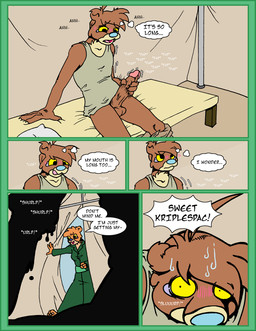 3_toes 4_fingers 5_panel_comic anthro autofellatio balls bed big_penis blue_nose blush blush_lines bodily_fluids bottomwear bottomwear_down breath brown_body brown_fur caught_in_the_act caught_masturbating claws clothed clothed_anthro clothed_female clothing coat curly_hair detailed_background dialogue dripping entering entering_room erection fap_(sound_effect) feet fellatio female female_anthro fingers fur furniture genital_fluids genitals green_clothing green_coat green_topwear hair hand_on_penis inside_tent licking licking_lips licking_own_lips looking_pleasured male masturbation messy_hair military military_uniform moan motion_lines on_bed onomatopoeia open_mouth oral oral_masturbation orange_body orange_fur panting pants pants_down pantsless pantsless_anthro pantsless_male partially_clothed penile penile_masturbation penis pillow saliva saliva_drip saliva_on_penis sex shirt simple_background solo sound_effects speech_bubble stroking_penis sweat sweatdrop tan_body tan_fur tank_top text thinking thought_bubble toes tongue tongue_out topwear uniform wide_eyed yellow_eyes yellow_sclera eves conker's_bad_fur_day rareware bear mammal tediz comic english_text hi_res