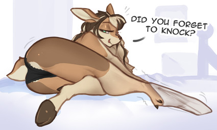 anthro bedroom_eyes biped blonde_hair bottomwear brown_body brown_fur butt changing_clothing clothing dialogue female fur hair looking_at_viewer narrowed_eyes panties rear_view seductive simple_background smile smiling_at_viewer solo tail tongue tongue_out underwear sackrany mocha_(raveger) deer mammal