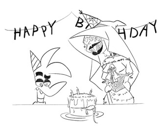 birthday cake dessert female food male text kythos thurla_(kythos) anatid anseriform avian bird duck mammal murid murine rat rodent vampire english_text monochrome