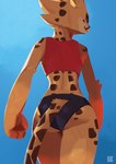 anthro bottomwear butt clothing female fur furgonomics hotpants low-angle_view markings midriff rear_view shirt shorts slim solo spots spotted_body spotted_fur tank_top topwear walking yellow_body yellow_fur el-k akino_(el-k) cheetah felid feline mammal 2023 absurd_res hi_res