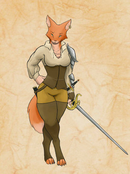 anthro armor breasts clothed clothing corset dagger digitigrade ear_piercing ear_ring female green_eyes legwear lingerie looking_at_viewer melee_weapon piercing rapier ring_piercing shirt simple_background solo standing sword thigh_highs topwear weapon cryphalen canid canine fox mammal 3:4 full-length_portrait portrait