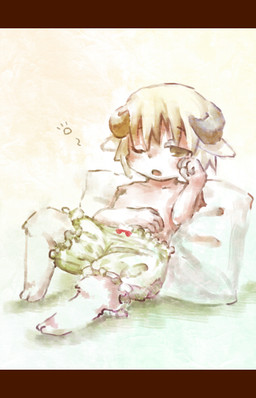 anthro bloomers bottomwear clothed clothing female fur hair horn loli one_eye_closed pillow solo tired topless topless_anthro topless_female white_body white_fur white_hair young i_luce yagi-chan_(slaughter_krsw) bovid caprine goat mammal 9:14 letterbox
