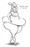 anthro belly big_belly blush bodily_fluids breasts clothing dialogue embarrassed eyewear female midriff muffin_top navel obese obese_anthro obese_female overweight overweight_anthro overweight_female simple_background small_breasts solo sunglasses sweat text tight_clothing white_background ultrahand deer mammal black_and_white english_text monochrome