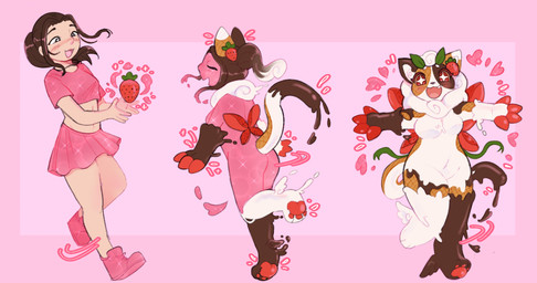 anthro blush bottomwear breasts brown_hair butt candy chocolate clothing dessert featureless_breasts featureless_crotch female food fruit growth hair human_to_anthro looking_at_viewer nude on_one_leg open_mouth pawpads pink_body pink_bottomwear pink_clothing pink_skirt plant ponytail red_eyes simple_background skirt smile solo species_transformation standing strawberry tail tail_growth transformation pawberry felid food_creature human mammal 2023 digital_media_(artwork) hi_res sequence