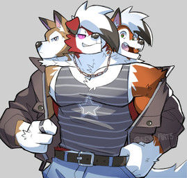 3_heads anthro anthrofied belt bottomwear clothed clothing denim denim_bottomwear denim_clothing fur jacket jeans male multi_head multicolored_body multicolored_fur muscular pants pokemorph ring ring_on_finger shirt solo star_symbol tank_top topwear greyy european_mythology greek_mythology mythology nintendo pokemon canid canid_demon canine canis cerberus demon dusk_lycanroc generation_7_pokemon hellhound lycanroc mammal midday_lycanroc midnight_lycanroc mythological_canine mythological_creature pokemon_(species) wolf hi_res