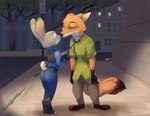 anthro barefoot belt bottomwear city clothing dipstick_tail duo eyebrows eyes_closed feet female fur gloves_(marking) grey_body grey_fur male markings neck_tuft orange_body orange_fur outside pants police police_uniform shirt tail tail_markings topwear tuft uniform white_body white_fur tggeko disney zootopia judy_hopps nick_wilde canid canine fox lagomorph leporid mammal rabbit 2025 hi_res