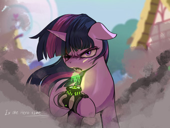 blood bodily_fluids cosplay dust female feral hologram horn looking_at_viewer omnitrix one_eye_closed open_mouth smoke solo text wink diris ben_10 cartoon_network friendship_is_magic hasbro my_little_pony mythology twilight_sparkle_(mlp) equid equine mammal mythological_creature mythological_equine unicorn 4:3 crossover english_text hi_res