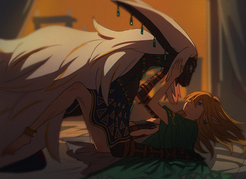 anthro blonde_hair claws duo ear_piercing finger_claws hair hand_on_belly humanoid_on_anthro larger_anthro long_hair looking_at_another lying male male/male male_on_anthro mostly_nude nipples on_back piercing pointy_ears romantic romantic_ambiance romantic_couple size_difference smaller_humanoid white_hair kokekokeimo nintendo tears_of_the_kingdom the_legend_of_zelda link rauru_(tears_of_the_kingdom) human humanoid hylian mammal zonai shaded