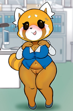 3_fingers anthro big_breasts biped black_nose blue_clothing blue_footwear blue_shirt blue_shoes blue_topwear blurred_background blush blush_lines bodily_fluids bottomless bottomless_anthro bottomless_female breasts brown_body brown_eyes brown_fur brown_inner_ear brown_tail circle_eyebrows clothed clothed_anthro clothed_female clothing collared_shirt computer_monitor electronics eyebrows eyelashes female female_anthro fingers flats_(shoes) flying_sweatdrops footwear fur genitals glistening glistening_body glistening_breasts glistening_eyes hands_above_breasts innie_vulva inside long_sleeve_shirt long_sleeves looking_at_viewer markings monitor multicolored_body multicolored_clothing multicolored_fur multicolored_shirt multicolored_tail multicolored_topwear navel open_mouth orange_body orange_fur orange_tail ring_(marking) ringed_tail shirt shoes slightly_chubby slightly_chubby_anthro slightly_chubby_female solo striped_markings striped_tail stripes sweat sweatdrop tail tail_markings thick_thighs topwear two_tone_clothing two_tone_shirt two_tone_topwear vulva white_body white_clothing white_ears white_eyebrows white_fur white_shirt white_topwear dedreds aggretsuko sanrio retsuko ailurid mammal red_panda 2026 digital_media_(artwork) hi_res
