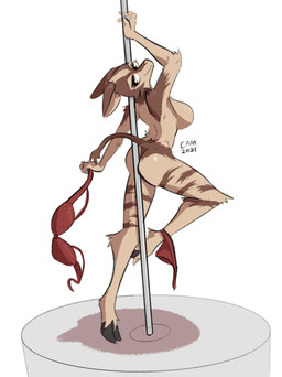 anthro big_breasts bra breasts butt clothing cloven_hooves dancing female fur hooves lingerie looking_back nude panties pole pole_dancing solo standing stripper stripper_pole tan_body tan_fur underwear undressing capaoculta beastars cosmo_(beastars) giraffid mammal okapi 2021 digital_media_(artwork) hi_res shaded