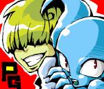 blonde_hair blue_body blue_skin crossgender female hair male not_furry red_eyes smile solo morphine_(artist) earthbound_(series) nintendo giygas porky_minch alien human mammal low_res