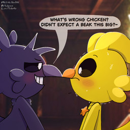 anthro blush blush_lines bodily_fluids charm_(jewelry) comparing duo feathers jewelry male necklace presenting purple_body shaking shocked showing_teeth smile smiling_at_another speech_bubble sweat sweatdrop text yellow_body tinky mob_entertainment nightmare_critters poppy_playtime smiling_critters kickinchicken poe_(poppy_playtime) avian bird chicken corvid corvus_(genus) critters_(poppy_playtime) galliform oscine passerine phasianid raven url nonbinary_(lore)