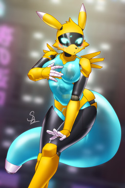 anthro blush breasts covering covering_breasts covering_crotch embarrassed embarrassing_nudity female machine solo translucent translucent_body nariikhan bandai_namco digimon digimon_(species) renamon robot robot_anthro hi_res