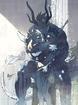 anthro barbel_(anatomy) duo flesh_whiskers furniture horn inside interspecies intimate kemono licking looking_aside male male/male muscular muscular_anthro muscular_male nude shadow shower size_difference stool tail tile tongue tongue_out water whiskers dera_kimidori asian_mythology east_asian_mythology mythology dragon eastern_dragon human mammal mythological_creature mythological_scalie scalie hi_res