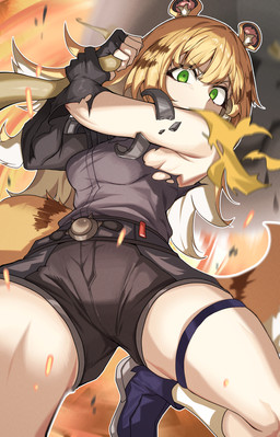 animal_ears bare_legs belt black_bottomwear black_clothing black_shorts blonde_hair blue_clothing blue_footwear blue_shoes bottomwear breasts clothing collared_shirt dress_shirt female fluffy_ears footwear glistening glistening_hair green_eyes grey_dress_shirt hair hair_between_eyes long_hair looking_at_viewer medium_breasts shirt shoes shorts side_boob socks striped_hair thigh_strap topwear torn_clothing white_clothing white_footwear white_hair white_socks sunto mihoyo zenless_zone_zero ju_fufu animal_humanoid felid felid_humanoid humanoid mammal mammal_humanoid pantherine pantherine_humanoid thiren tiger_humanoid absurd_res hi_res