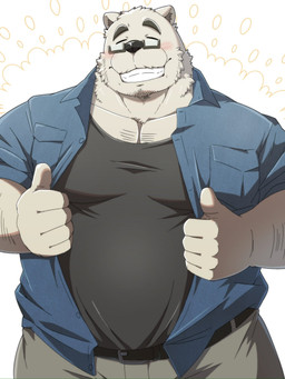 5_fingers anthro biped black_clothing black_shirt black_topwear blush bottomwear clothing eyes_closed eyewear fingers fur glasses humanoid_hands kemono male musclegut muscular pants shirt smile solo standing topwear white_body white_fur emufu bear mammal polar_bear ursine 2026 3:4 hi_res