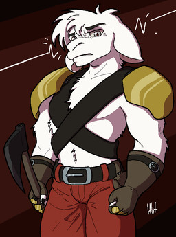 abs anthro armor athletic axe belt biceps bottomwear claws clothed clothing front_view fur gloves handwear holding_object holding_weapon legwear male melee_weapon muscular muscular_male pants shoulder_pads simple_background solo standing straps topwear weapon haibet bovid caprine goat mammal 2022 digital_media_(artwork)