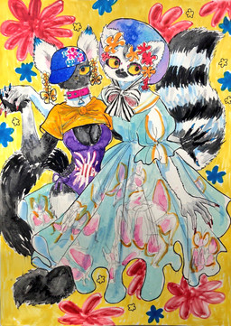 accessory alternative_fashion anthro bikini black_body black_fur blue_clothing breasts cleavage clothed clothing collar colored_nails dress duo ear_piercing ear_ring female flower flower_in_hair fur grey_body grey_fur hair hair_accessory hat headgear headwear markings nails one-piece_swimsuit one_eye_obstructed piercing plant ring_(marking) ring_piercing ringed_tail smile striped_markings striped_tail stripes swimwear tail tail_markings two-piece_swimsuit white_body white_fur yellow_eyes kyokyota lemur mammal primate ring-tailed_lemur strepsirrhine 2018 hi_res traditional_media_(artwork)