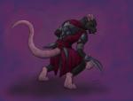 anthro armor assassin biped black_body black_fur claw_(weapon) clothed clothing ear_piercing fully_clothed fur male melee_weapon piercing pink_body pink_skin purple_background rope simple_background smile solo standing weapon whiskers katai hand_of_fate rat_king mammal murid murine rat rodent