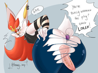 anal anal_penetration anthro backsack balls big_balls big_butt big_penis bodily_fluids butt buttplug buttplug_in_ass buttplug_insertion clothing dialogue ear_piercing embarrassed erection eyebrow_piercing facial_piercing femboy frenum_ladder frenum_piercing fur gem genital_fluids genital_piercing genitals hair huge_butt humanoid_genitalia humanoid_penis humiliation humiliation_fetish jewel_buttplug jewelry ladder_piercing latex latex_clothing long_ears male object_in_ass offscreen_character penetration penis penis_piercing penis_tuck piercing plug_(sex_toy) plug_insertion precum rear_view red_hair sex_toy sex_toy_in_ass sex_toy_insertion solo speech_bubble torn_clothing white_body white_fur horny_imp nintendo pokemon loren_(horny_imp) cinderace generation_8_pokemon pokemon_(species) hi_res