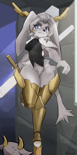 ambiguous_gender anthro antlers arm_tuft black_nose blue_eyes bodily_fluids boots bottomless breasts button_(fastener) clothed clothing crotch_tuft detailed_background dream_breaker_(pseudoregalia) duo elbow_tuft eyebrows eyelashes female female/ambiguous female_anthro floppy_ears footwear frown fur grey_body grey_eyebrows grey_fur grey_hair hair hip_tuft holding_object holding_weapon horn larger_female legwear light light_beam long_ears long_hair looking_aside raised_leg shoes size_difference smaller_ambiguous standing sunbeam sunlight sweat sweatdrop thick_eyebrows thick_thighs thigh_boots thigh_highs topwear tuft vest wall_(structure) weapon wide_hips yellow_horn abassygenie pseudoregalia butler_(pseudoregalia) sybil_(pseudoregalia) bovid caprine goat hybrid jackalope lagomorph mammal absurd_res hi_res signature