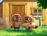 anthro apron biped box brown_body brown_fur chibi clothing container detailed_background duo fur identical_twins outside deronenene animal_crossing nintendo timmy_nook tommy_nook canid canine mammal raccoon_dog tanuki 2020 brother_(lore) brothers_(lore) sibling_(lore) twins_(lore)