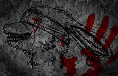 ambiguous_gender anthro blindfold blood blood_from_eye bodily_fluids concrete_wall drooling ear_piercing ear_ring forced_smile fur hand_print insane piercing ring_piercing saliva sharp_teeth smile solo teeth wall_(structure) amaruq_wulfe hi_res