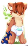 anthro antlers baby bedding blanket brown_body brown_fur brown_hair clean_diaper clothed clothing diaper fur hair holding_blanket holding_object horn male markings orange_eyes simple_background solo spots spotted_body spotted_fur standing tan_body tan_fur wearing_diaper white_background young young_anthro young_male ende deer mammal 2009