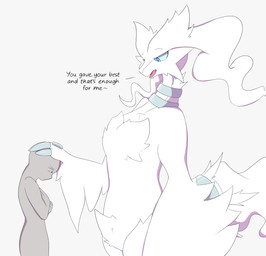 anthro dialogue duo female headpat male male/female nude simple_background text zezanium nintendo pokemon generation_5_pokemon human legendary_pokemon mammal pokemon_(species) reshiram english_text