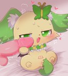 anthro balls bed blush bodily_fluids chibi duo female fur furniture genitals green_body green_eyes green_fur heart_eyes heart_symbol humanoid_genitalia humanoid_penis lying male male/female on_back on_bed penis penis_grab pussy semi-anthro sweat throbbing throbbing_penis womb_tattoo yellow_body yellow_fur young badwingm jewelpet sanrio sega sega_fave peridot_(jewelpet) canid canine canis domestic_dog mammal 2021 hi_res