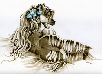 anthro black_hair blue_eyes butt female flower hair horn multicolored_hair nude ossicone plant solo tail two_tone_hair white_hair heather_bruton giraffid mammal okapi