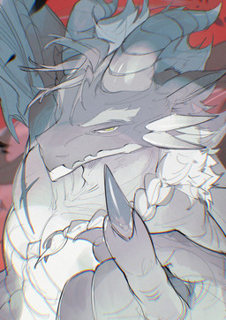 2_horns abs anthro athletic athletic_anthro athletic_male beckoning braided_hair chest_scar claws countershade_face countershade_scales countershade_torso countershading eyebrows facial_spikes finger_claws gesture grey_body grey_eyebrows grey_hair grey_horn grey_membrane grey_scales grey_wings hair head_horn high-angle_view horn long_tail looking_at_viewer male membrane_(anatomy) membranous_wings mouth_closed nude_anthro nude_male pupils red_background scales scar simple_background slit_pupils solo spikes spikes_(anatomy) spread_wings tail thick_eyebrows white_body white_countershading white_scales white_sclera wings x_scar yellow_eyes chiayeeee european_mythology mythology dragon mythological_creature mythological_scalie scalie western_dragon winged_dragon 2024 chromatic_aberration digital_drawing_(artwork) digital_media_(artwork) half-length_portrait hi_res portrait