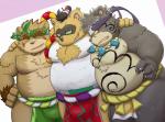 anthro arm_around_shoulders asian_clothing belly black_body black_fur brown_body brown_fur bulge clothing east_asian_clothing eyes_closed fur green_eyes group hug humanoid_hands japanese_clothing male mawashi moobs navel nipples overweight overweight_male sumo rockmai3 sengoku_puzzle ooe_senbee saigou_shirou tokugawa_ieyasu bear canid canine mammal raccoon_dog tanuki 2019 hi_res