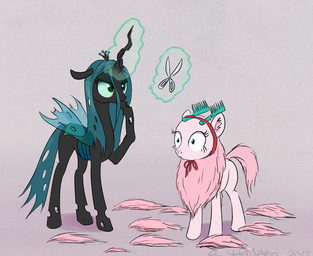 black_body blue_hair blue_tail brush chest_tuft comb_(brush) cosplay crown duo fake_antlers fake_horns female feral fluffy fur green_eyes hair hairbrush haircut hand_on_mouth headgear horn levitating_object levitation magic pink_body pink_fur pupils scissors simple_background small_pupils tail thinking thoughtful_expression tuft wings el-yeguero friendship_is_magic hasbro my_little_pony them's_fightin'_herds fan_character fluffle_puff queen_chrysalis_(mlp) velvet_reindeer_(tfh) arthropod changeling_(mlp) earth_pony equid equine horse mammal pony 2015 digital_media_(artwork) signature