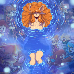 anthro asian_clothing beak biped blue_body blue_clothing blue_eyes blue_feathers blue_fur blue_hair blue_topwear blush blush_lines blush_stickers bodily_fluids bottomwear breasts brown_body brown_eyes brown_fur brown_hair cleavage closed_smile clothed clothing covered_breasts detailed_background duo east_asian_clothing eyebrows eyelashes eyewear feather_hair feather_hands feathered_wings feathers female fingers fur goggles group hair headgear headwear japanese_clothing kissing long_eyelashes long_hair looking_at_viewer lying male mouth_closed nude nude_female on_back open_mouth orange_body orange_fur orange_hair partially_submerged pseudo_hair scarf shirt smile solo tail tear_trough tears tongue topwear trio tuft water white_eyes wings lyorenth-the-dragon undertale undertale_(series) undertale_yellow ceroba_ketsukane clover_(undertale_yellow) kanako_ketsukane martlet_(undertale_yellow) starlo_(undertale_yellow) avian bird boss_monster_(undertale) canid canine fox human mammal monster 1:1 digital_media_(artwork) hi_res