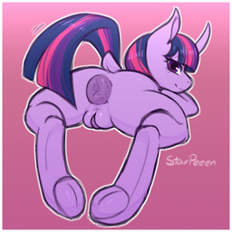 anus butt female feral fur genitals hair hooves horn looking_at_viewer lying multicolored_hair nude on_front presenting presenting_anus presenting_hindquarters presenting_vulva puffy_anus purple_body purple_fur purple_hair raised_tail simple_background smile solo tail vulva starpeeen friendship_is_magic hasbro my_little_pony mythology twilight_sparkle_(mlp) equid equine mammal mythological_creature mythological_equine unicorn 1:1 digital_media_(artwork)