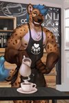 anthro apron apron_only barista beverage blue_hair brown_body brown_fur chalkboard chest_tuft claws clothing coffee coffee_cup coffee_shop container cup detailed_background fur furniture grin hair hand_on_hip inside looking_at_viewer male nipples one_eye_closed serving smile solo table tuft juiceps juice_(character) hyena mammal spotted_hyena 2024 2:3 hi_res