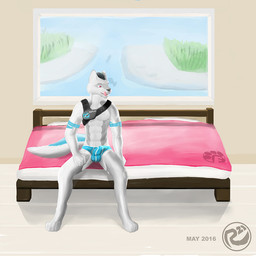 anthro bed bulge clothed clothing erection erection_under_clothing furbulous furniture future male solo tongue cilpero canid canine mammal 1:1 2016