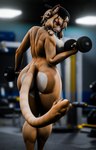 anthro big_breasts big_butt breasts butt clothing dumbbell exercise female flexing_muscles gym hair hat headgear headwear lifting lifting_dumbbell muscular nude public public_nudity solo sport tail weights theant/thedirtyant blender_eevee frankie_(extremedash) felid lion mammal pantherine 3d_(artwork) absurd_res blender_(artwork) digital_media_(artwork) hi_res