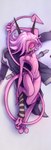 anthro black_horn breasts chest_markings clothing coat convenient_censorship dakimakura discarded_clothing female glowing glowing_eyes green_eyes hair hair_over_eye hip_markings horn leg_markings leggings legwear looking_at_viewer markings nude pink_body pink_eyelids pink_hair pink_skin pose purple_markings slim small_breasts solo tail tail_between_legs tail_censorship tail_grab topwear trenchcoat undressing david_lillie dreamkeepers namah_calah hybrid imp lizard reptile scalie 2024 absurd_res dakimakura_design hi_res