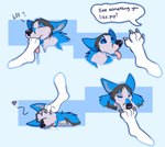 ambiguous/ambiguous ambiguous_gender anthro blue_background blue_body claws dialogue disembodied_foot duo feet foot_fetish foot_lick foot_on_face foot_play grey_body heart_symbol hindpaw kissing_feet kissing_foot licking open_mouth paws simple_background speech_bubble text toe_claws tongue tongue_out white_body sqdicks canid canine fox mammal absurd_res english_text hi_res male_(lore)