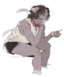 anthro blush bodily_fluids bottomwear brown_hair clothing dipstick_tail ear_piercing emanata floppy_ears grey_body grey_skin hair hand_on_chin highlights_(coloring) holding_object kerchief leaning leaning_forward long_tail male markings muscular narrowed_eyes partially_submerged piercing shirt short_hair shorts side_view simple_background sitting sweat sweatdrop tail tail_markings tank_top toothpick topwear white_highlights ddcrushh dylan_(ddcrushh) felid feline mammal absurd_res digital_drawing_(artwork) digital_media_(artwork) hi_res trans_(lore) trans_man_(lore)