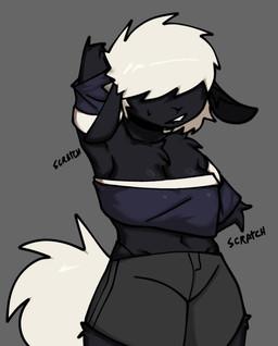 anthro arm_tuft black_body black_fur blue_clothing blue_topwear bodily_fluids bottomwear breasts clothed clothed_anthro clothed_female clothing elbow_tuft female female_anthro front_view fur grey_background grey_bottomwear grey_clothing grey_shorts hair hair_over_eyes scratching scratching_self shirt shorts shoulder_tuft simple_background solo sweat sweatdrop tail topwear tuft white_hair white_tail xarop77 sheep_(xarop77) bovid caprine mammal sheep 2024